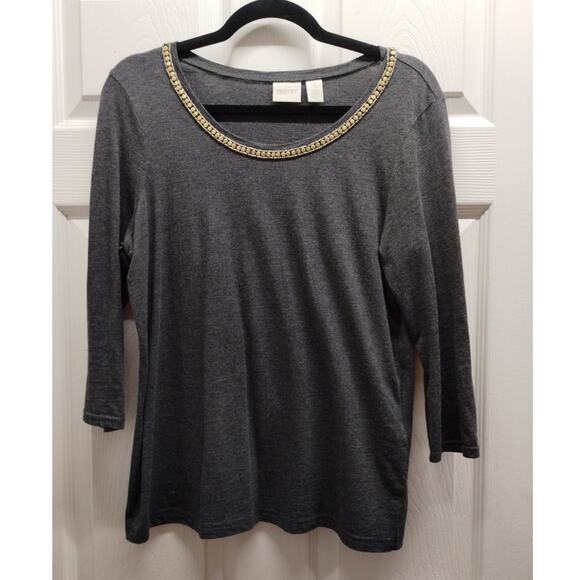 Chico's Tops - Chico's Zenergy Womens Size 1 (Medium) Gray Top Embellished Neckline 3/4 Sleeves